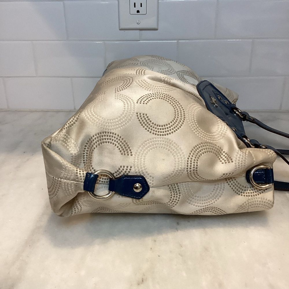 Coach Bag Purse Handbag Ashley Dotted OpArt Tan Blue Canvas Leather Carry All - Picture 6 of 14
